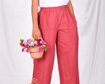 Casual Straight Women Trouser, Solid Rust Color, Women Vakrata Linen Culottes, Pull on Trouser, Elastic Waistband Yoga Pant, Leisure Pants
