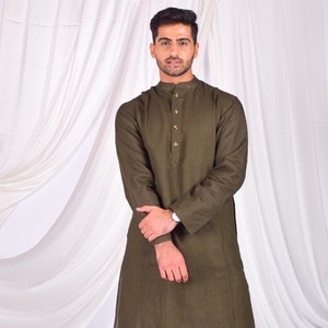 Stylish Linen Solid Olive Kurta, Men's Tunic Kurta, Festival Wear, Ethnic Look Kurta, Handmade Linen kurta, Indian Dress, Mens India Kurta image 1