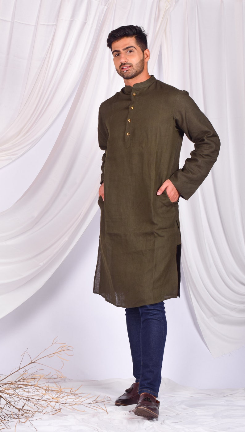 Stijlvolle linnen massief olijf kurta, mannen tuniek Kurta, festival dragen, etnische look Kurta, handgemaakte linnen kurta, Indiase jurk, mens India Kurta afbeelding 4