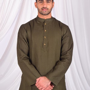 Stijlvolle linnen massief olijf kurta, mannen tuniek Kurta, festival dragen, etnische look Kurta, handgemaakte linnen kurta, Indiase jurk, mens India Kurta afbeelding 2