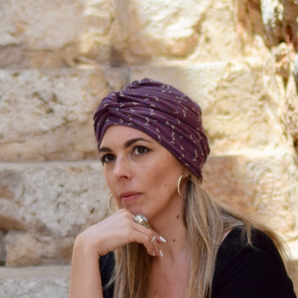 Turbante con lunas morado para mujer, turbante completo