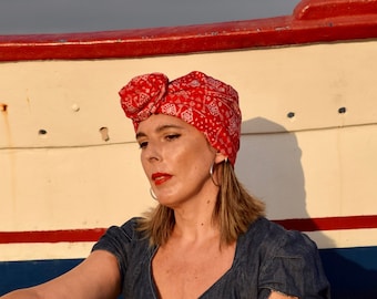 Red bandana turban hat for women, boho head wired scarf, convertible hairscarves, womens hair scarf, chemo headwear