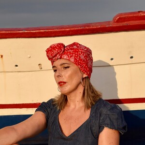 Red bandana turban hat for women, boho head wired scarf, convertible hairscarves, womens hair scarf, chemo headwear image 1