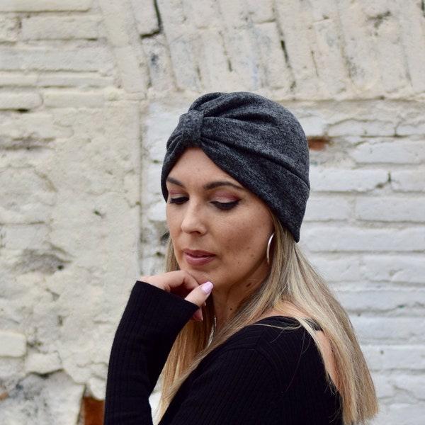 Chapeau turban d'hiver gris pour femmes, foulard boho, couvre-chef de chimio, casquette en tissu tricoté, turban complet de mode