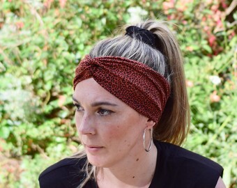 Rust orange leopard turban headband for women, elastic hair band, wide cotton headband