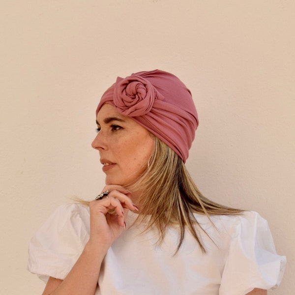 Bonnet turban rose poudré pour femme, couvre-chef de chimio facile