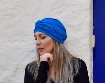 Classic blue turban hat for women, womens head scarf, hair wrap women, full turban, headwraps for women