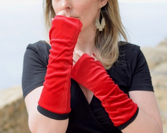 Red velvet fingerless gloves for women, biking gloves, arm sleeves, fingerless mittens