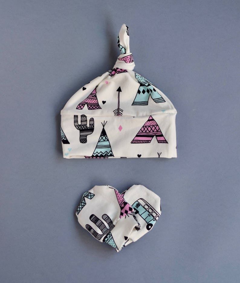 coming home outfit Preemie Newborn Tipi Hat Mittens Set New Baby Boy Girl Beanie