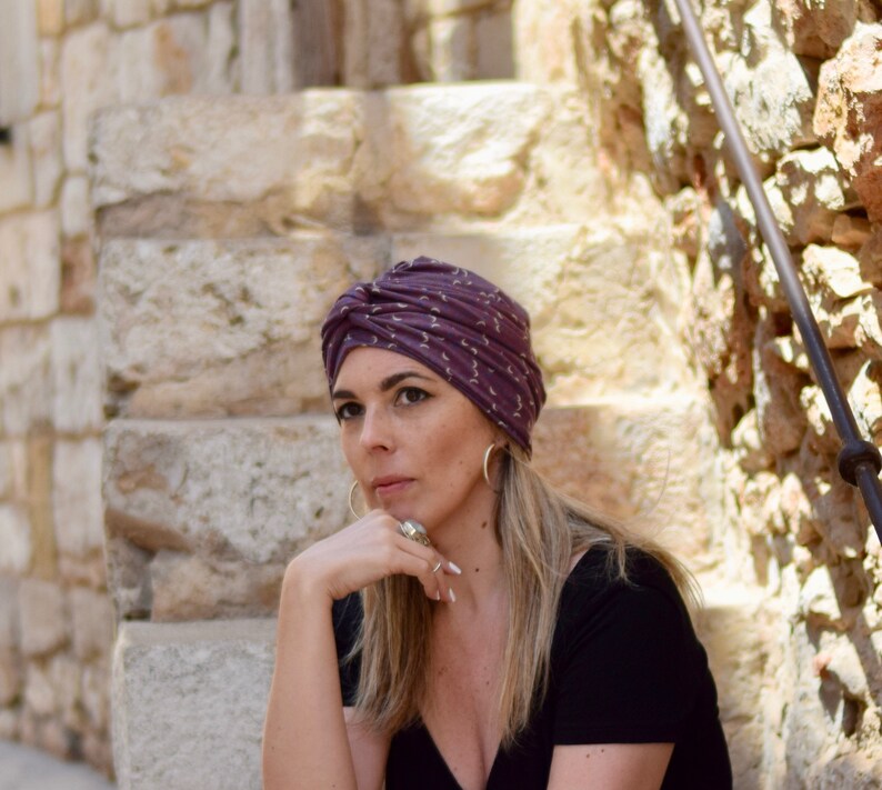 Crescent moon full turbans for women, purple head wrap image 1