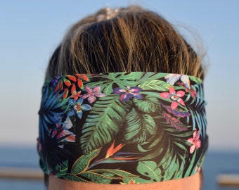 Tropical running woman's headband, palm leaf wide headbands for women, Hawaii yoga headwrap, workout headband, hair band for workout