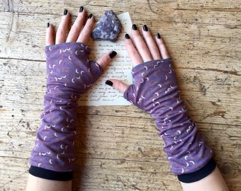 Crescent moon fingerless gloves for women, purple biking gloves, arm sleeves, fingerless mittens