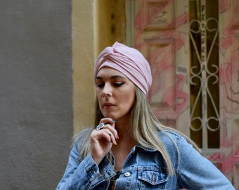 Turbante para mujer rosa empolvado, turbante completo