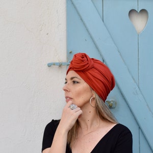 Burnt orange turban hat for women, multiway head scarf