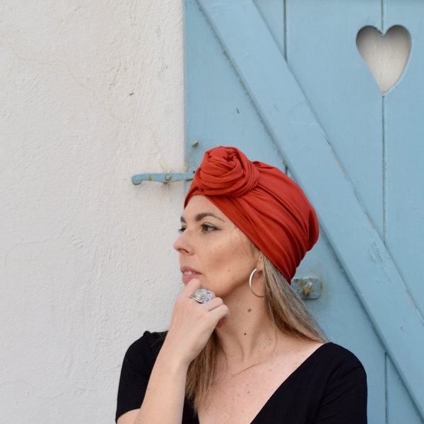 Burnt orange turban hat for women, multiway head scarf
