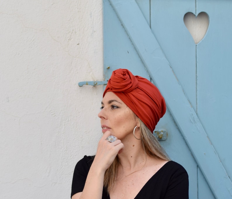 Burnt orange turban hat for women, multiway head scarf Burnt orange