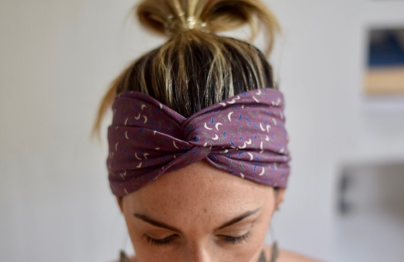 Crescent moon turban headband for women, wide purple yoga hairband boho bandana twist headband 