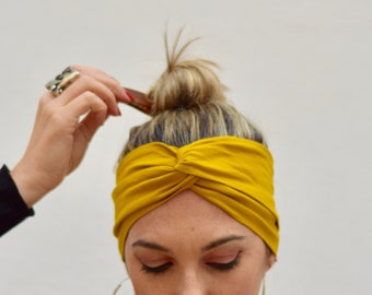 Mustard turban headbands for women, aesthetic head scarf, wide hair band, womens head bands, yoga headband, yellow hairband