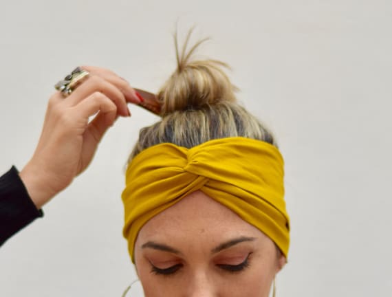 Twist Turban Style Head Wrap Ribbed Knit Solid Yellow Headband Mustard Ribbed Headband