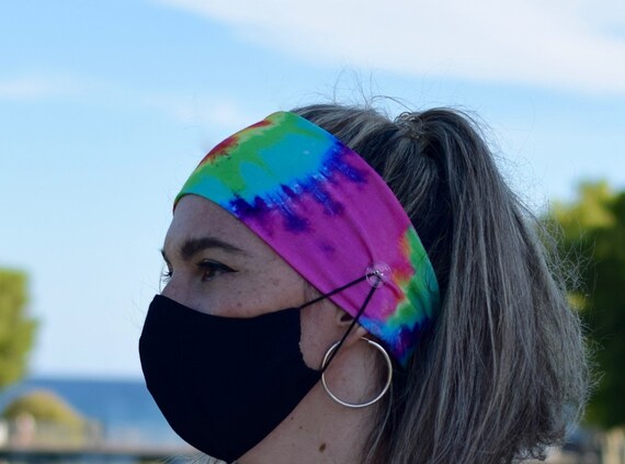 Optional buttons for masks Adult and kids sizes simple twist headband Soft stretchy faux knot Blue and purple variegated dip dye
