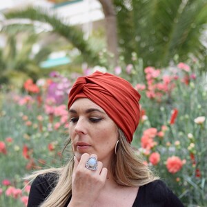 Burnt orange turban hat for women, multiway head scarf image 10