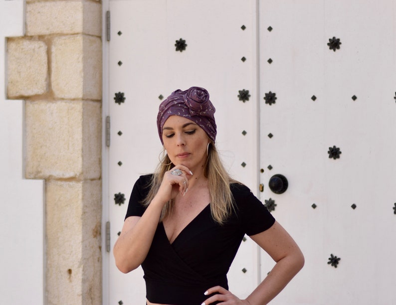 Crescent moon full turbans for women, purple head wrap image 4