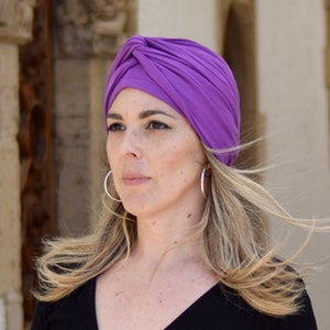 Purple turban hat for women, boho hair wrap, multiway head scarf, chemo headwear
