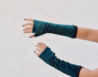 Emerald velvet fingerless gloves for women, stylish tattoo cover, wrist warmers