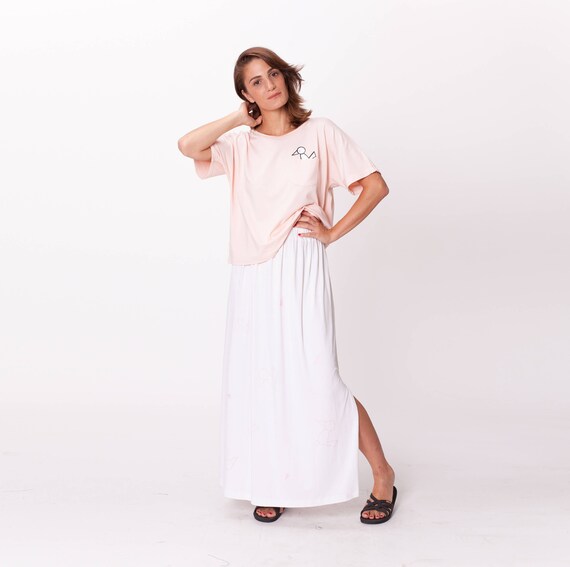 white high waisted maxi skirt