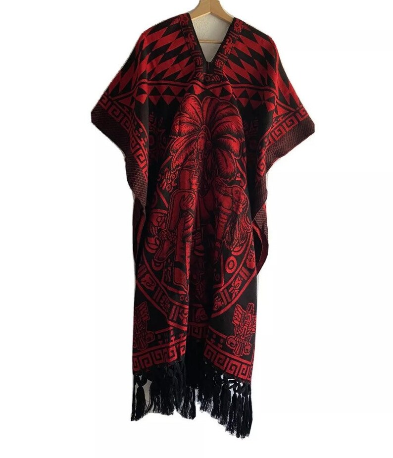 Aztec Rug Poncho Poncho Black and Red, Aztec Warrior Design, Geometric Navajo Winter ...