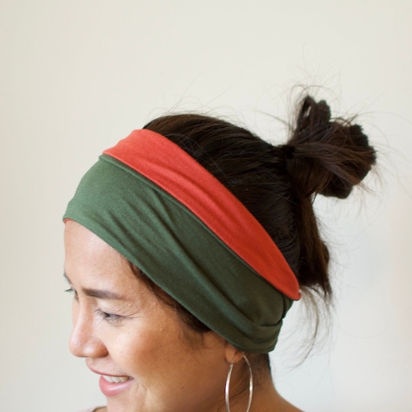 B-15 Olive Green Earth Orange Two Sided Double Thick Headband w/ Cinch 100% Lycra - no headache headband - face mask - face cover -ear cover