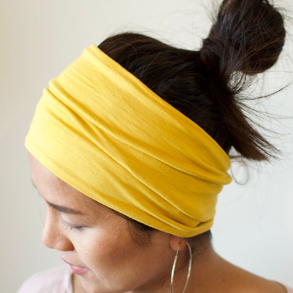 B-8 Yellow Double Thick Headband w/ Cinch 100% Lycra - no headache headband - face mask - face cover - ear cover - gaiter