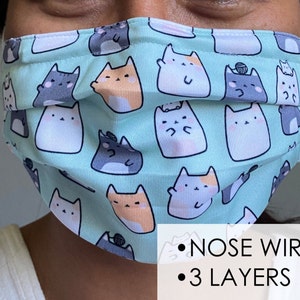 Nose wire face mask - 3 layer face mask - Cotton Polyester face mask - Cat face mask - Kitty face mask - No fog face mask- face mask glasses