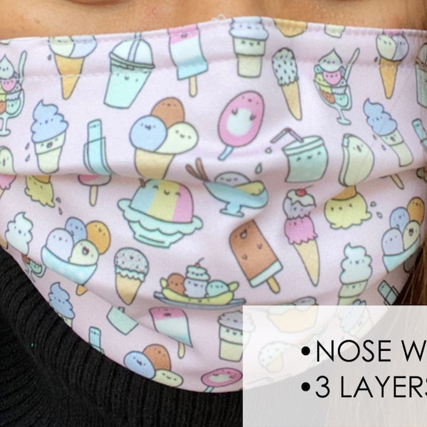 Ice Cream Pink - Nose wire face mask - Ice Cream face mask -  3 layer face mask - Face mask - No fog face mask- face mask glasses