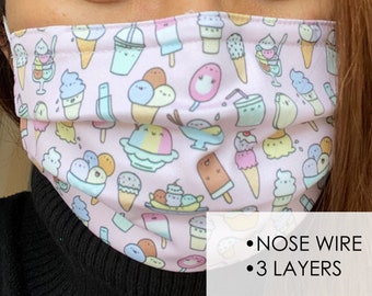 Ice Cream Pink - Nose wire face mask - Ice Cream face mask -  3 layer face mask - Face mask - No fog face mask- face mask glasses