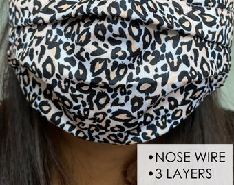 Leopard face mask- Nose wire Face mask - Cotton and Polyester layer mask fabric- 3 layer face mask - No Fog Mask - Glasses Mask