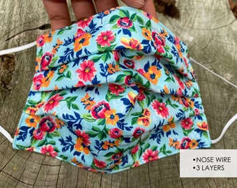 Flower face Mask- Nose wire face mask - Bouquet face mask - 3 layer face mask - Floral face mask - No fog face mask- face mask glasses