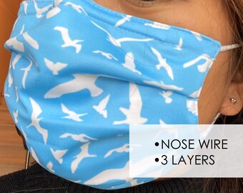 Nose wire face mask - 3 layers face mask - Cotton face mask - Polyester face mask - Bird face mask - Blue face mask - Adjustable nose wire