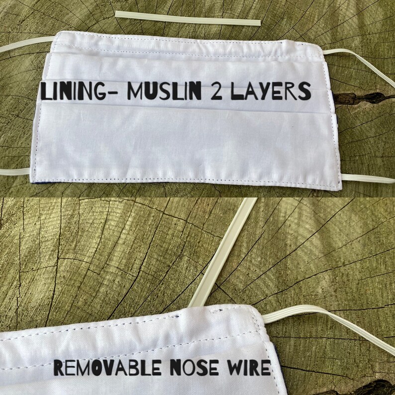 Pu&ograve; includere: Maschera facciale bianca con testo nero che recita "LINING - MUSLIN 2 LAYERS" e "REMOVABLE NOSE WIRE". La maschera ha lacci elastici bianchi per le orecchie e un filo nasale bianco.