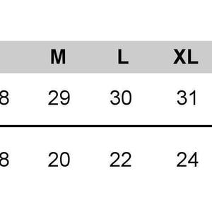 May include: Size chart showing body length and width measurements in inches for sizes S, M, L, XL, and 2XL.