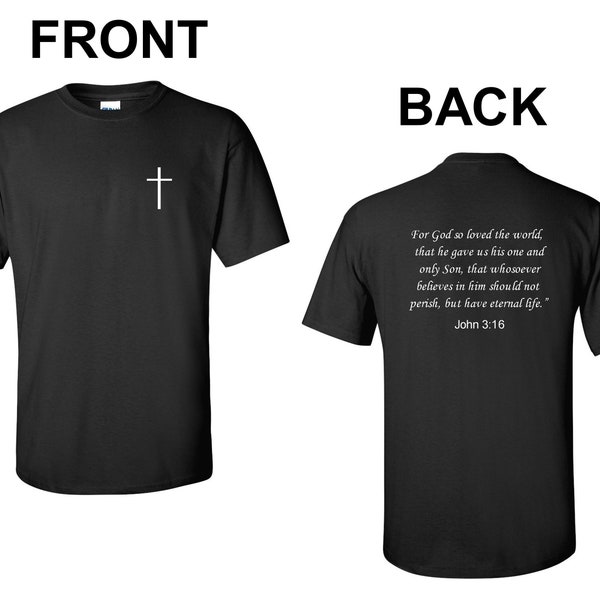 Front & Back Bible Verse T-Shirt, John 3:16, Jesus Tees Christian Cross Church Christianity Faith Shirt