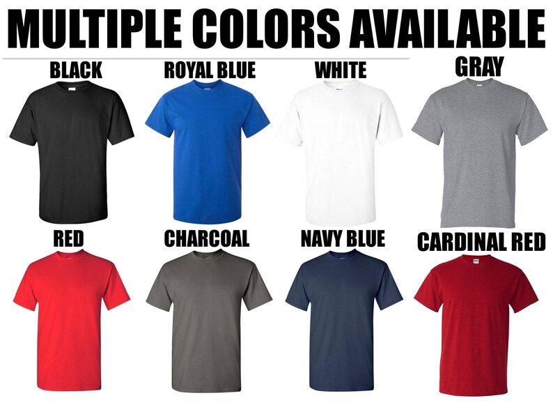 May include: A selection of t-shirts in various colors, including black, royal blue, white, gray, red, charcoal, navy blue, and cardinal red.  The t-shirts are all short-sleeved and have a crew neck.