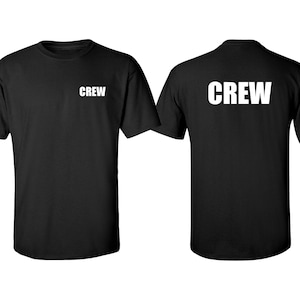 May include: A black short-sleeved t-shirt featuring the word CREW printed in white on the left chest area and a larger version of the word CREW printed in white across the upper back section of the garment, shown from both front and back views.