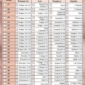 May include: A weekly Bible reading planner with a pink background. The planner is divided into columns for each week, with sections for Poetry & Wisdom Lit, History & Law, Chronicles & Prophecy, and Gospels & Epistles. Each section lists the corresponding Bible readings.