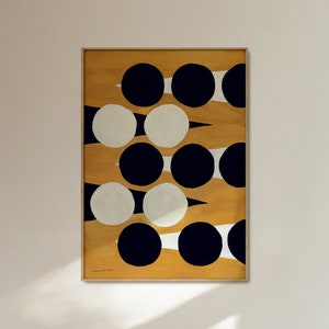 May include: Abstract art print featuring a pattern of black and white circles on a yellow background. The circles are arranged in a staggered pattern, creating a dynamic and visually interesting design.