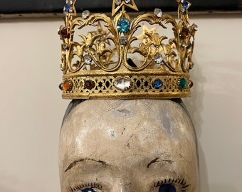 Divine Antique French Gilded Santos / Saint Crown With Multicolour Glass Stones