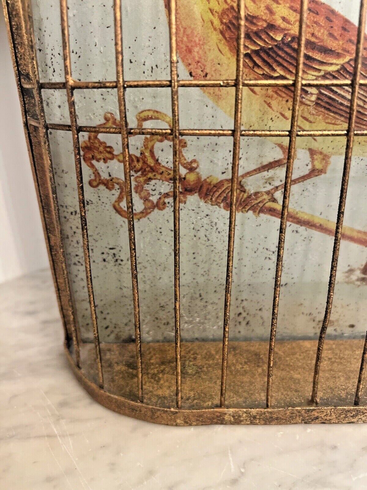 Antique Style Gilded Metal Half Bird Cage Wall Decor Eglomerized Bird