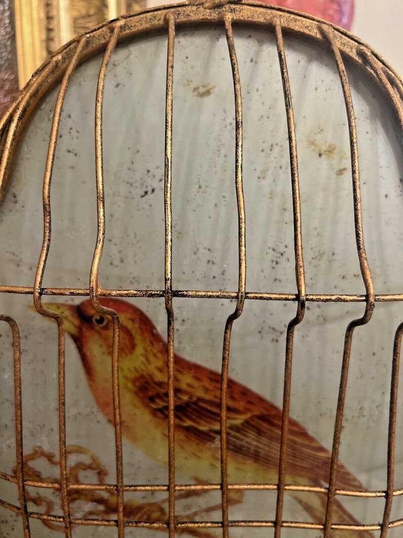 Antique Style Gilded Metal Half Bird Cage Wall Decor Eglomerized Bird