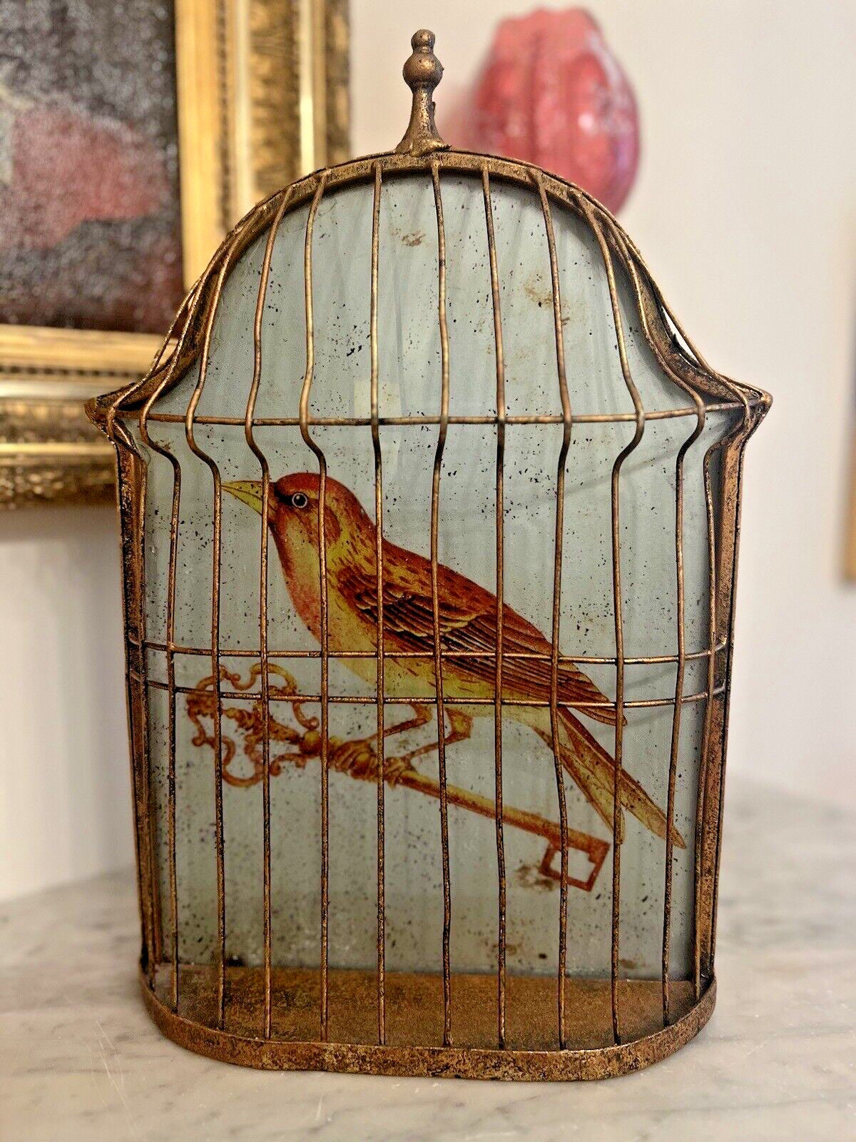 Antique Style Gilded Metal Half Bird Cage Wall Decor Eglomerized Bird