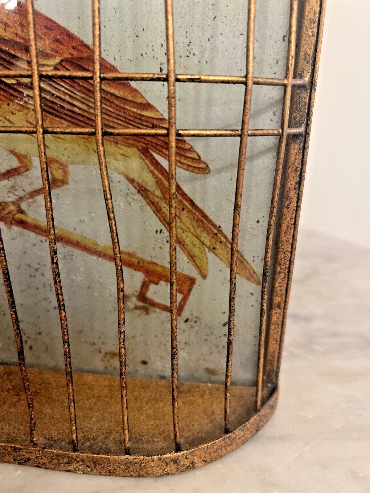 Antique Style Gilded Metal Half Bird Cage Wall Decor Eglomerized Bird